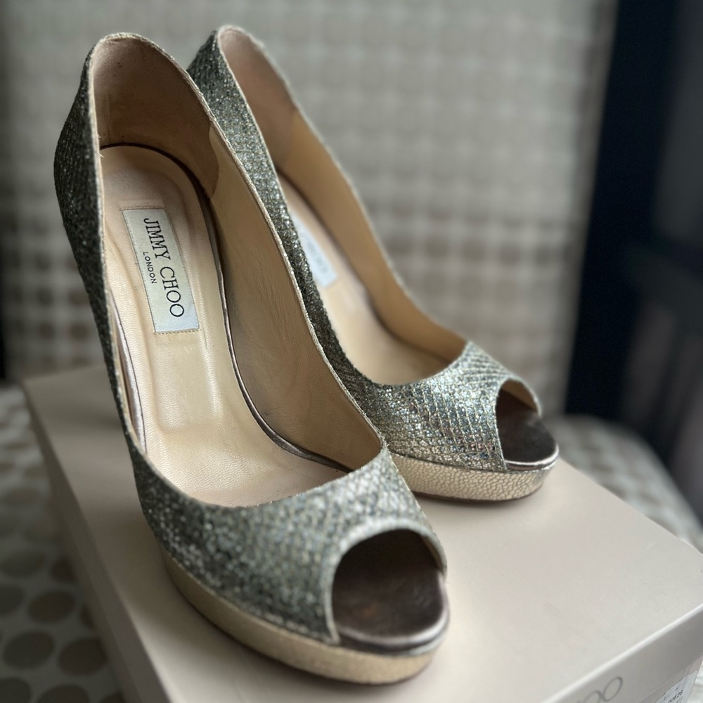 Jimmy Choo shimmer snake print, gold leather, size 39.5